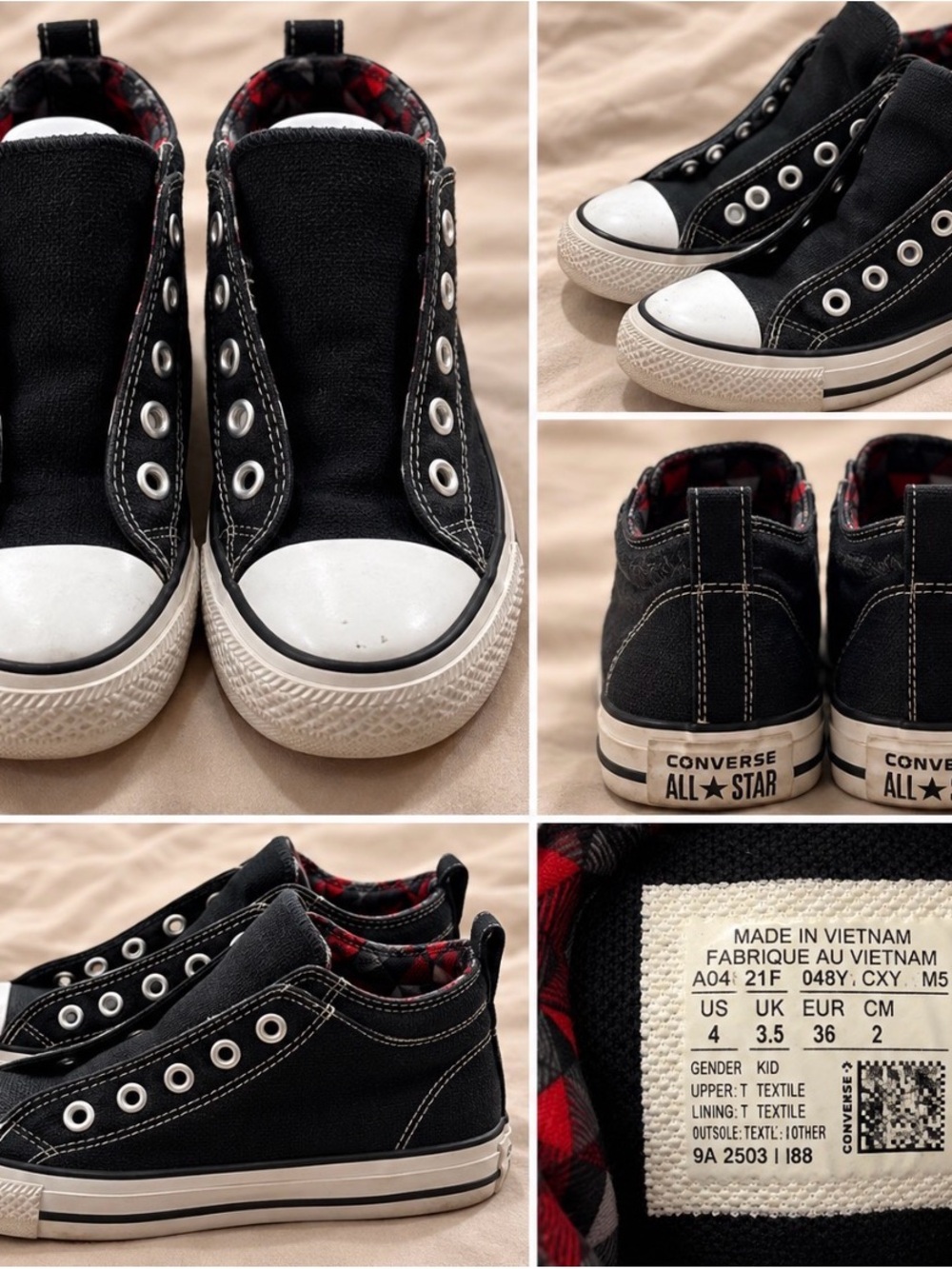 Converse Kids Black Canvas Slip-On High Top Sneakers with White Toe- no laces